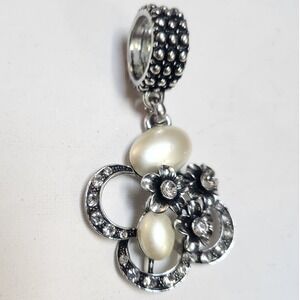 Rhinestone Slide Charm Pendant Silver Tone Floral Faux Pearl Flower